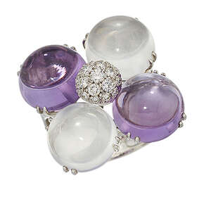 
	
		An amethyst, moonstone and diamond ring, of floral design, the circular-cut diamond boss...
