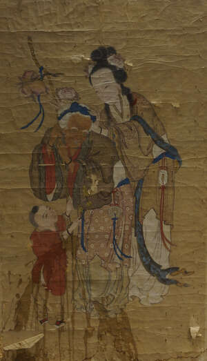 
	
		A Chinese painting of a sage, late 19th century, together with a young lady and a boy,...