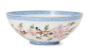 
	
		A Chinese eggshell porcelain bowl, 20th century, painted in famille rose enamels with...