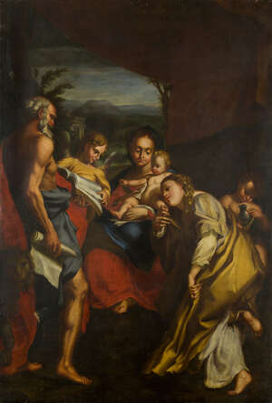 After Antonio da Correggio, 
		Italian 1489-1534- 
		 
		Madonna and Child with St Jerome and Mary Magdalene,;
		 
		oil on canvas, 154.5x106cm., (unfra