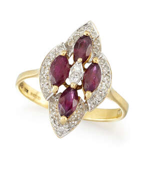 
	
		An 18ct gold, ruby and diamond ring, the marquise cluster composed of four marquise-cut...