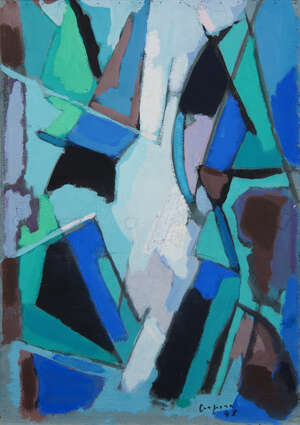 Antonio Corpora, 
		Italian 1909-2004-
		 
		Abstract in blue and green, 1948;
		 
		gouache on card, signed and dated 48 lower right, 47x32cm (ARR)
		