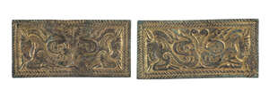 
	
		A pair of Chinese gilt-bronze rectangular belt plaques, 3rd-2nd century BCE, each cast...