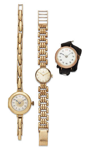 
	
		A group of three lady's gold wristwatches, comprising an 18ct gold jewelled lever...