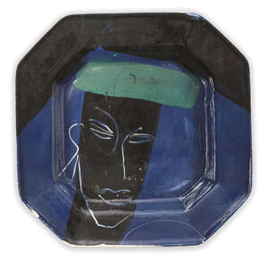 
	
		Bruce McLean (b.1944) for Fulham Pottery, 
		 
		Art pottery octagonal painted plate...