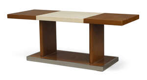 
	
		Designer Unknown, 
		 
		Art Deco coffee table, circa 1940, 
		Oak, vellum, chromed...