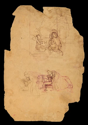 Two fragmentary preparatory drawings of musical modes (ragamalas) : Serang or Kedar Ragini, an...