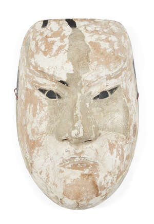 
	
		A Japanese Noh mask, Edo period, pigment and gesso over hand carved wood, 20cm long
		