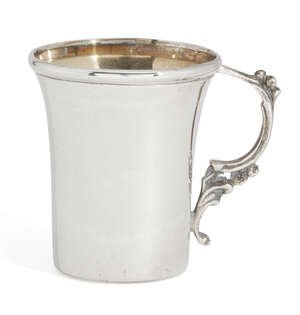 
	
		A small silver Kiddush cup, Birmingham, c.1963, with double scroll handle, 5cm high,...