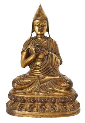 
	
		A Sino-Tibetan gilt bronze figure of Tsongkhapa, late 19th century, seated in dhyanasana 