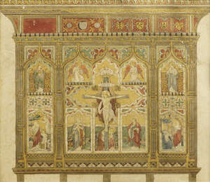 
	
		British School, mid/late 19th century- Study of an altarpiece; pen and ink, watercolour with...