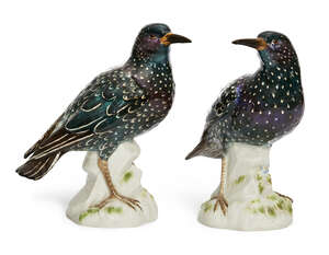 
	
		Two Meissen porcelain models of Common Starlings, mid/late 20th century, blue crossed...
