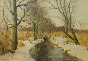 
	
		Harald Pryn, Danish 1891-1968- Wooded river landscape in winter; oil on canvas, signed...
