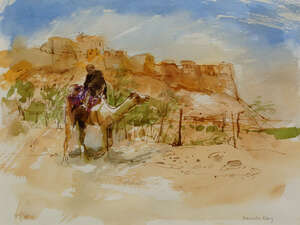 
	
		Pamela Kay RWS RBA NEAC,
		British b. 1939-
		 
		Camel Rider, Jaisalmer;
		 
		