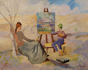 
	
		Robert Dumont-Smith, 
		British 1908-1994- 
		 
		Two figures seated by an easel in a...