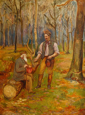 
	
		French School, late 19th century- Two men resting in a woodland setting; oil on canvas,...