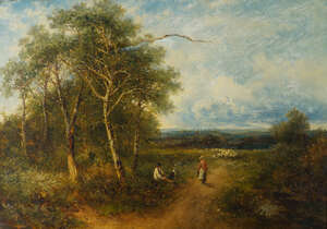 Victorian School, late 19th century- Couple on woodland path with flock of sheep; oil on canvas, bears signature, 51.5 x 77cm 
		 
		 