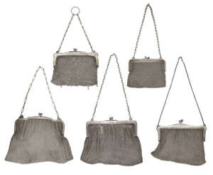 
	
		Five silver chain mesh bags, each with snap clasps and chain handles, one hallmarked...