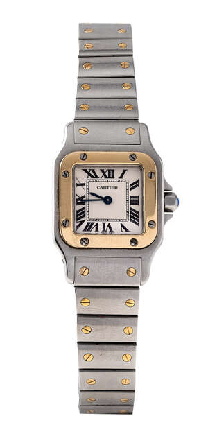 
	
		A two colour 'Santos' quartz wristwatch, by Cartier, the silvered dial with Roman black...