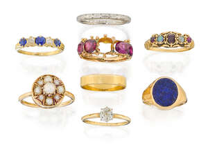 
	
		Eight rings: comprising: an old-brilliant-cut diamond single stone; a late 19th century...