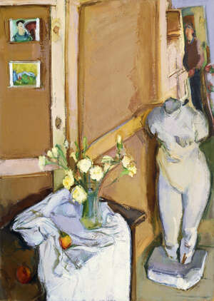 
	
		Nicholas Volley,
		British 1950-2006-
		 
		Studio Interior with Self Portrait and...