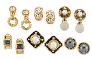 
	
		Six pairs of gem-set earrings, set with mabe pearls, cultured pearls and hematite...