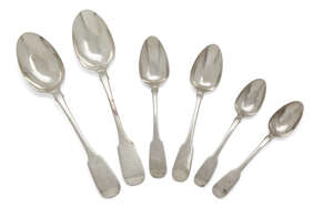 
	
		Eight George III Irish silver rat tail dessert spoons, Dublin, c.1817, Matthew West, of...