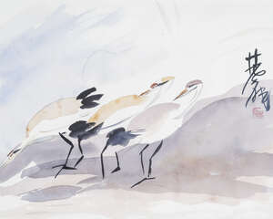 
	
		LIN FENGMIAN (1900-1991), watercolour on paper, study of three cranes, signed to right,...