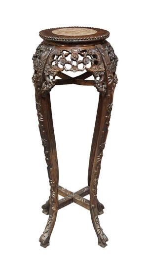 
	
		A Chinese hardwood jardinière stand, late 19th century, the rouge marble inset top above...