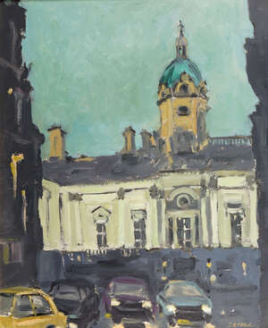 
	
		Myer Lacome, 
		British 1927-2011-
		 
		Dusk, Bank of Scotland. Jan 94;
		 
		oil on...