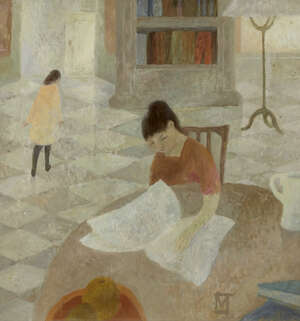 
	
		Morwenna Thistlethwaite, 
		British 1912-2000-
		 
		Lady seated at a table reading a...