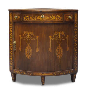 
	
		A Dutch floral marquetry corner cabinet, 19th Century, of bow front form, with three...