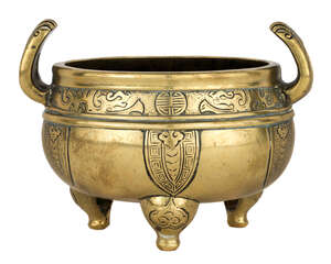 
	
		A Chinese bronze twin handled tripod incense burner, 18th/19th century, of flattened...