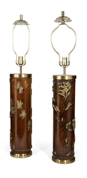 
	
		A pair of fabric print roller lamps, 20th century, the oak rollers set with intricate...