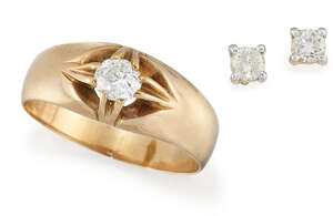 A diamond single stone ring and a pair of diamond single stone earstuds, the ring with claw-set old brilliant-cut diamond to  a tapering hoop, the earstuds wit
