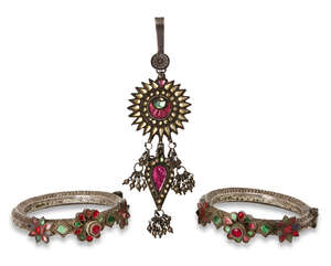 
	
		A group of foiled glass white metal jewellery, Rajasthan, India, 20th century, comprising...