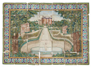 
	
		A Qajar pottery tile panel, Shiraz, Iran, 19th century,depicting a large residence and...