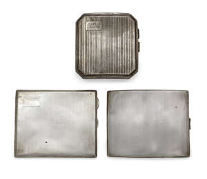 
	
		Three silver cigarette cases, each with push button thumb piece, the oldest, Birmingham...