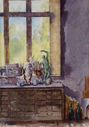 Robert Wraith,
British b.1952- 
 
Artist's studio, 1991; 
 
watercolour over traces of pencil,...