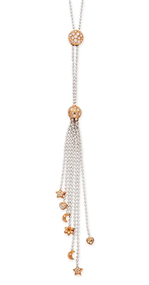 A diamond tassel necklace, the tassels with diamonds and pink diamond set terminals, designed as...