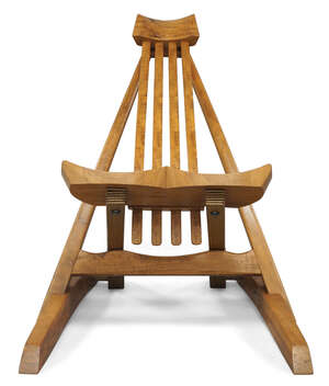 Tim White, 
 
'Coitapult' chair, 2003, 
Walnut, wenge, 
Initialled and dated 'TRW 03', 
79cm...