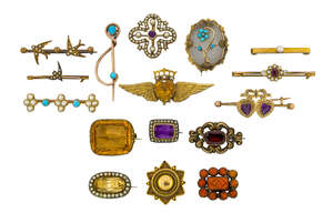 A group of sixteen various brooches, comprising: a late 19th / early 20th century gold and turquoise two stone brooch by Murrle Bennett  & Co of looped design,