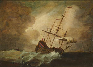 Manner of Hendrick Cornelisz Vroom, 
		 
		18th century- 
		 
		Shipping scene in stormy weather; 
		 
		oil on panel, 20 x 27 cm. 
		 
		 