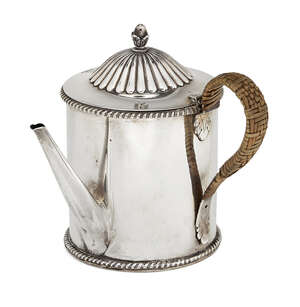 A silver gravy argyle with wicker side handle, the base hallmarked London, c.1981, London Assay Office, of cylindrical form with gadrooned foot and long taperi