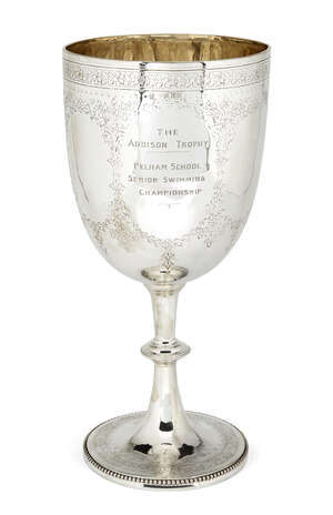 
	
		A large Victorian silver goblet, London, c.1883, Charles Stuart Harris, decorated with...
