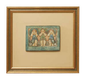 
	
		Compton Pottery (c.1898-1956), a small figural panel
		Early 20th Century, 'Hear no...