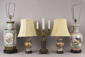 
	
		A pair of Satsuma taste lamps, of recent manufacture, on wooden bases, 31cm high...