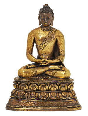 
	
		A Mongolian gilt-bronze figure of Amitabha Buddha, 18th century, seated in dhyanasana 