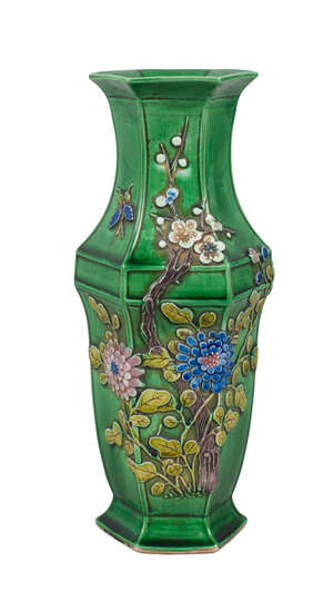 
	
		A Chinese monochrome porcelain hexagonal vase, late Qing dynasty, with applied decoration...