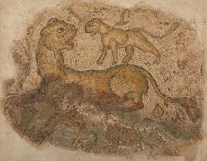 A late Roman marble mosaic of a lion, circa 4th-5th century AD, the multi-coloured composition on a white ground, preserving a lioness and her cub, the mother 